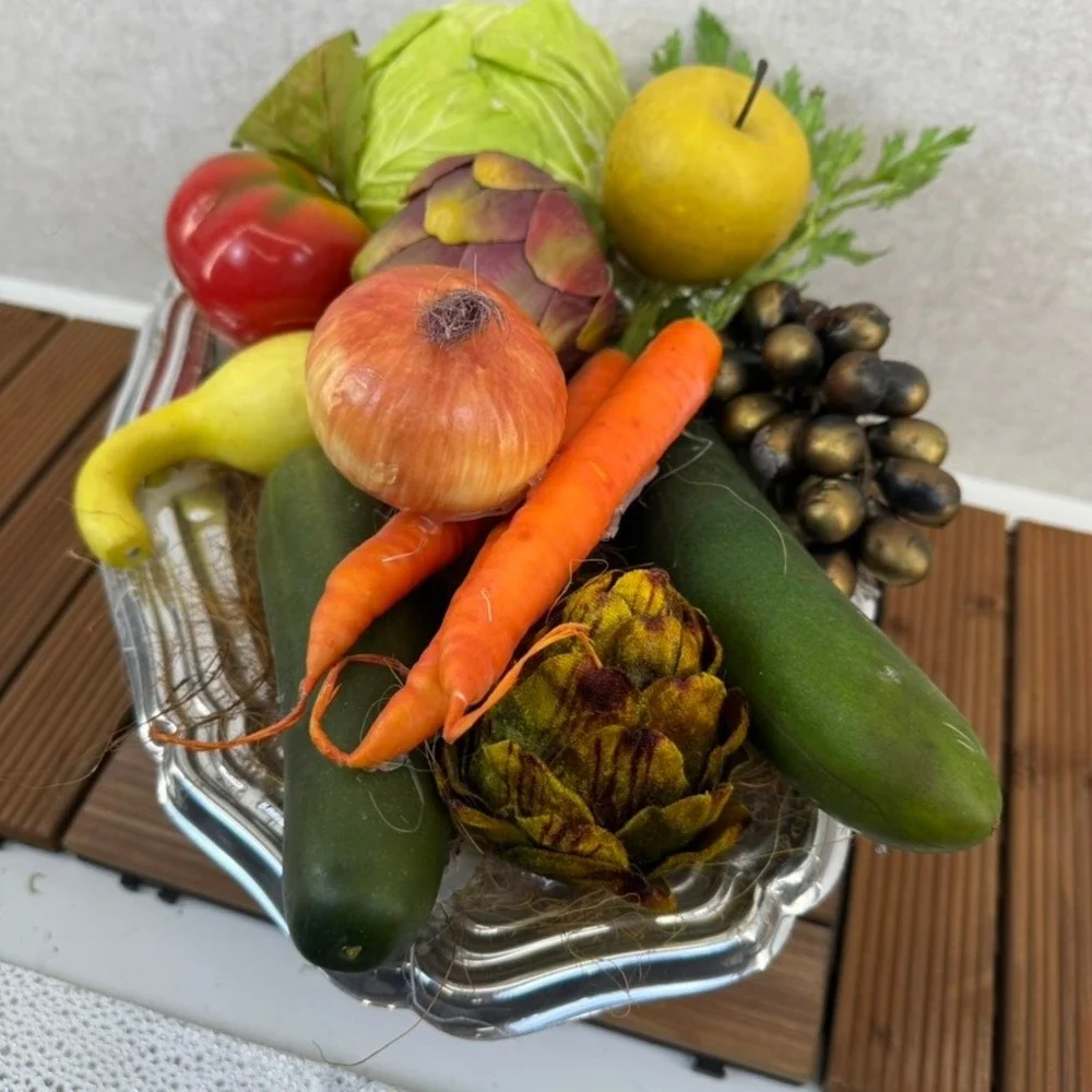 Vtg Artificial Vegetable Fruit Display Platter Realistic Decor Arrangement